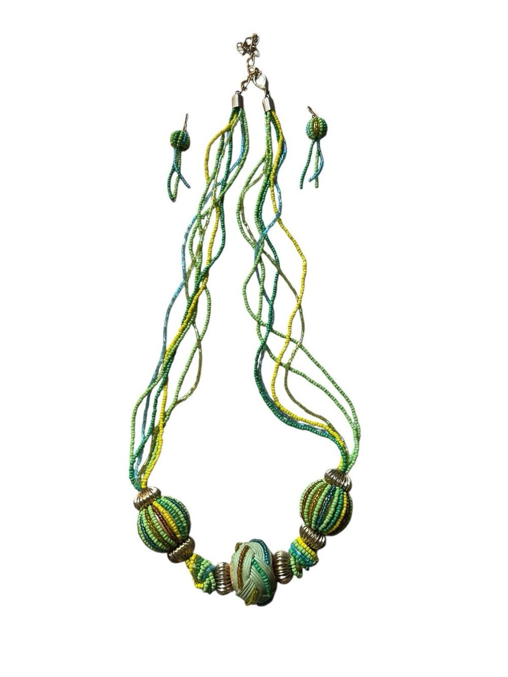 Boho Green Blue Yellow Beaded Necklace Earring Set Costume Jewelry Festival